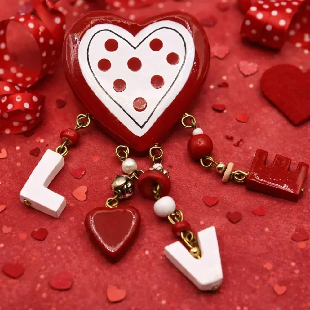 Vintage Red White Heart Dangle Pin Brooch LOVE Letters Valentine Kitsch Hey Viv